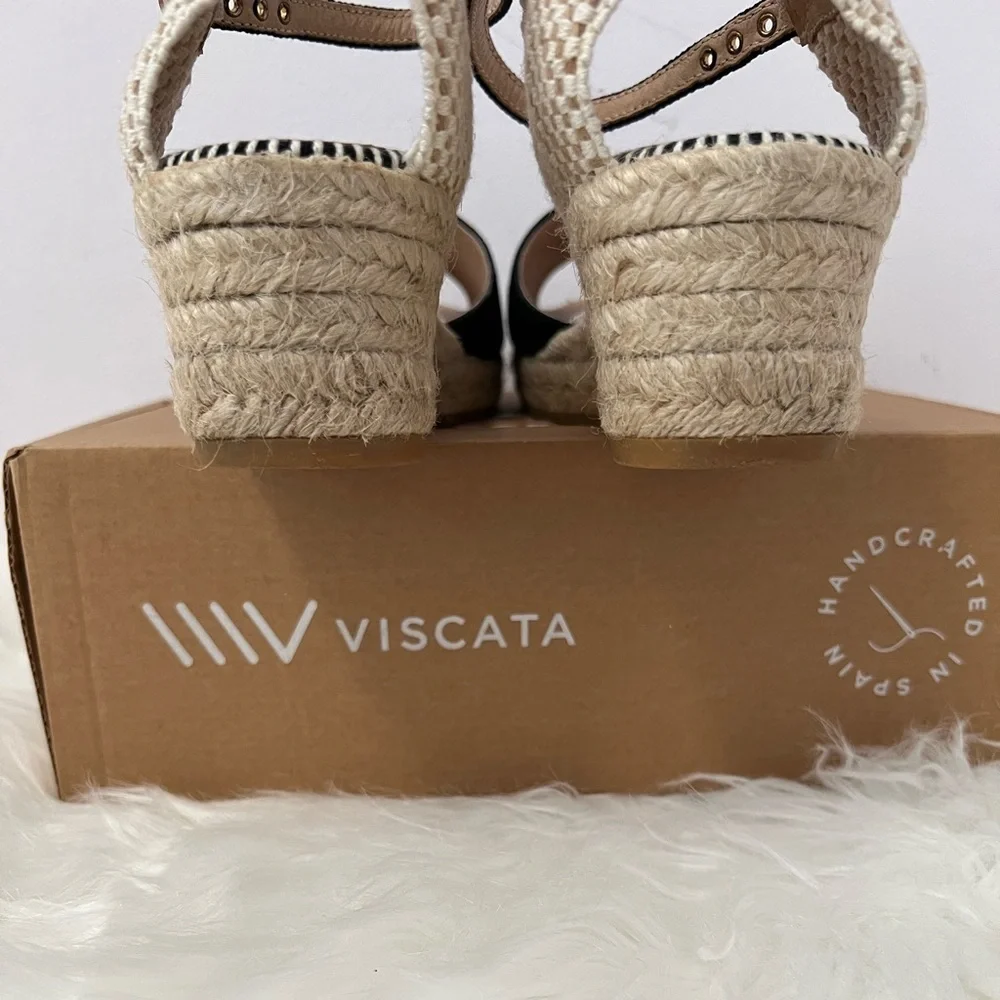 Viscata Italian Black and Cream Espadrille Wedge Sandals with Ankle Strap